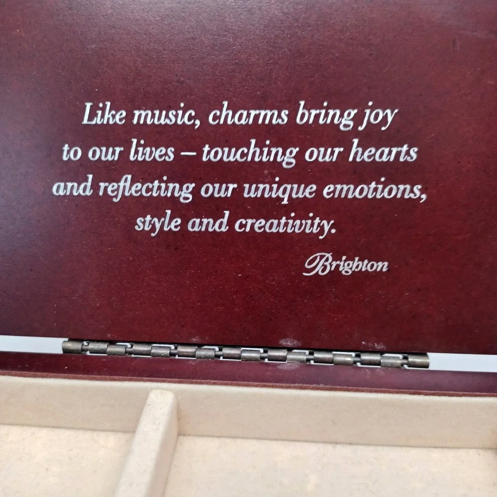 Brighton Wood Jewelry Box Cherry Finish Heart Knob Charm Quote Keepsake Drawer